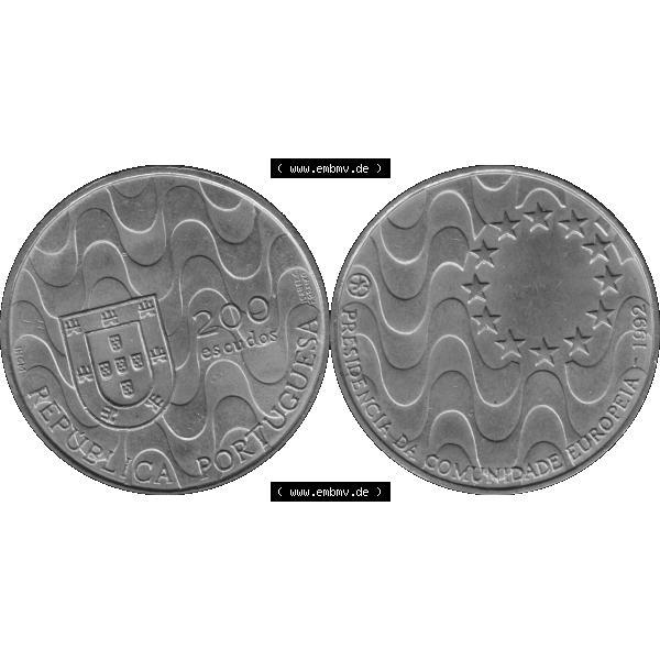 Grau bzw. s/w Alte Gedenkmünze aus Portugal als PNG-Grafik 1992, 200 Escudos, Presidencia da Comunidade Europeia. Vorderseite und Rückseite auf einen Bild/Foto der portugiesischen 200... Sammlung Graustufen