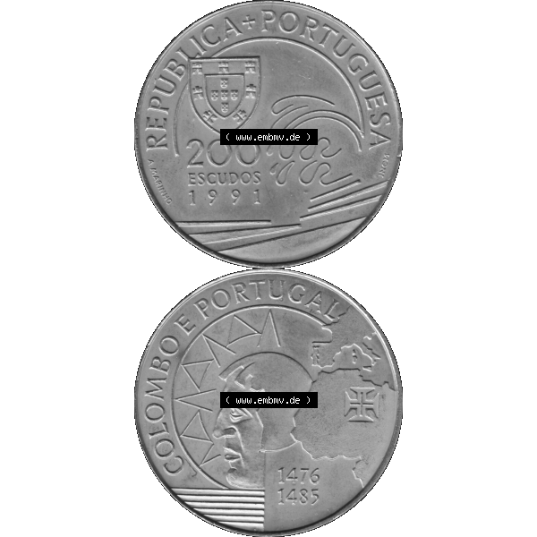 Grau bzw. s/w Alte Gedenkmünze aus Portugal als PNG-Grafik 1991, 200 Escudos, Colombo E Portugal 1476-1485. Vorderseite und Rückseite vertikal - untereinander auf einen Bild/Foto zusammengefügt... Sammlung Graustufen