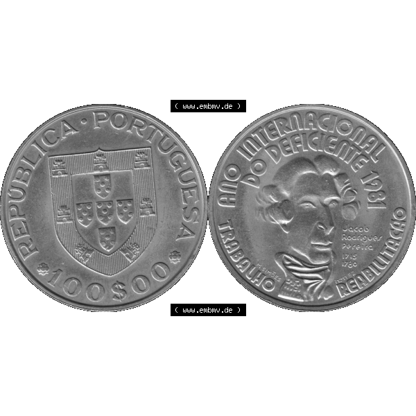 Grau bzw. s/w Alte Gedenkmünze aus Portugal als PNG-Grafik 1982, 100 Escudos, Ano Internacional, do Deficiente. Vorderseite und Rückseite auf einen Bild/Foto der portugiesischen... Sammlung Graustufen