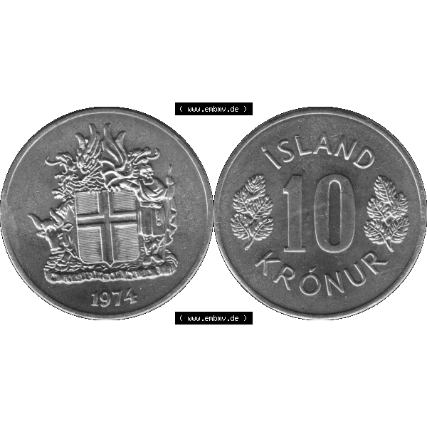 Grau bzw. s/w Alte Münze Island Umlaufmünze 1967-1980, 10 Krönur, Zehn Kronen 1974-01. Vorderseite und Rückseite der Münze aus Island horizontal auf einen digitalen Bild der... Sammlung Graustufen