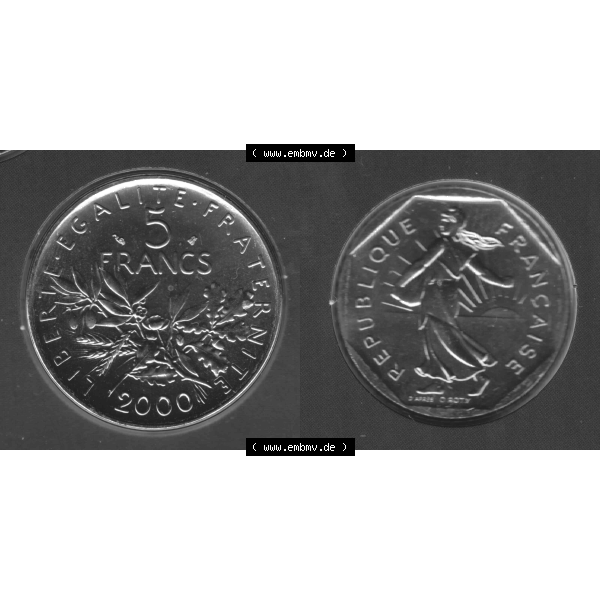 Grau bzw. s/w Münze Frankreich aus KMS Umlaufmünzen Sammlung in PNG 2000, 5 Francs (3) - Digitales Münzen-Bildmaterial einer französischen Francs Münze aus Frankreich aus KMS... Sammlung Graustufen