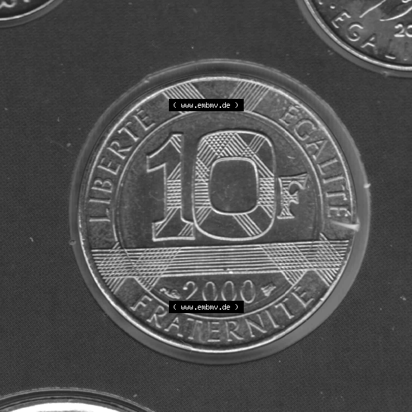 Grau bzw. s/w Münze Frankreich aus KMS Umlaufmünzen Sammlung in PNG 2000, 10 Francs (1) - Digitales Münzen-Bildmaterial einer französischen Francs Münze aus Frankreich aus KMS... Sammlung Graustufen