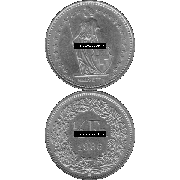 Grau bzw. s/w Alte Münze Schweiz in original Farbgebung vom Scanner transparenten PNG 1983-Heute, 1/2 (halber) Franken B 1986-01. Vorderseite und Rückseite der Münze Umlaufmünze... Sammlung Graustufen