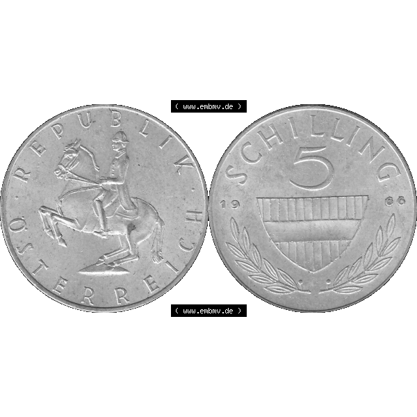 Grau bzw. s/w Alte Münze 5 / Fünf Schilling Österreich in original Farbgebung von Scanner transparenten PNG 1960-1968, 5 Fünf Schilling 1966-01, 5,20 Gramm 640er Silber,... Sammlung Graustufen