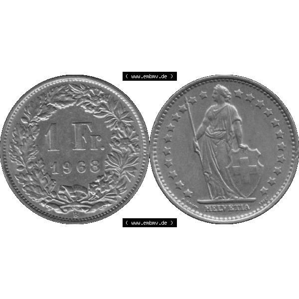 Grau bzw. s/w Alte Münze Schweiz in original Farbgebung vom Scanner transparenten PNG 1968-1982, 1 Franken B 1968-01 (15). Digitales Münzen-Bildmaterial der 1/Ein Franken Münze... Sammlung Graustufen