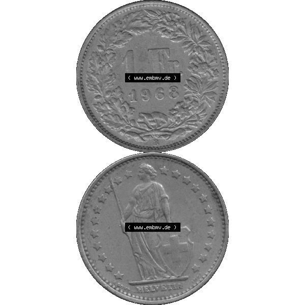 Grau bzw. s/w Alte Münze Schweiz in original Farbgebung vom Scanner transparenten PNG 1968-1982, 1 Franken B 1968-04 (16). Digitales Münzen-Bildmaterial der 1/Ein Franken Münze... Sammlung Graustufen