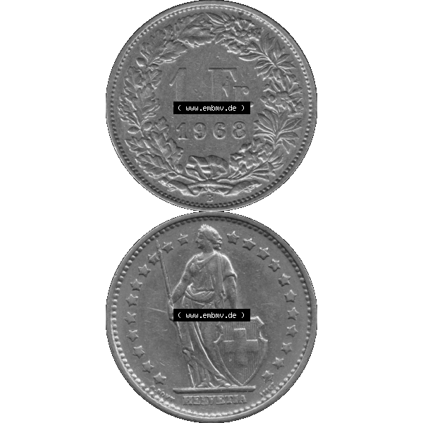 Grau bzw. s/w Alte Münze Schweiz in original Farbgebung vom Scanner transparenten PNG 1968-1982, 1 Franken B 1968-02 (16). Digitales Münzen-Bildmaterial der 1/Ein Franken Münze... Sammlung Graustufen