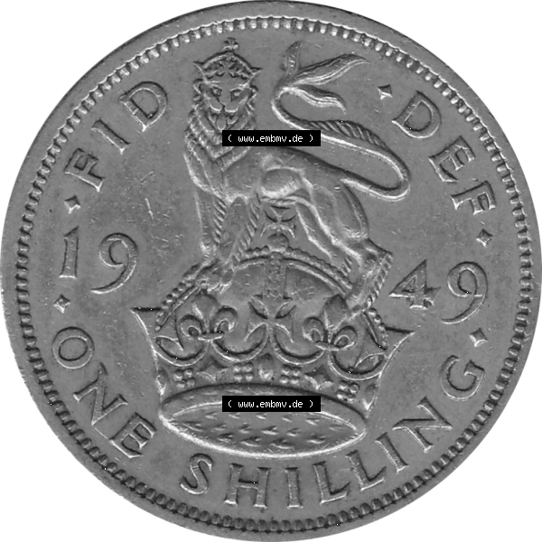 Grau bzw. s/w Münzen Großbritannien Umlaufmünzen Sammlung in PNG 1947-1948, 1 One Schilling - One Shilling, 1948-09 Sitzender gekrönter Löwe auf Krone (6) - Digitales... Sammlung Graustufen