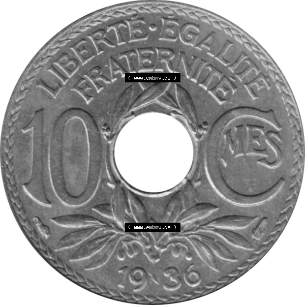 Grau bzw. s/w Münze Frankreich Umlaufmünzen Sammlung in PNG 1917-1938, 10 Centimes, Cent 1936-01 (5) - Digitales Münzen-Bildmaterial einer französischen Francs Münze aus... Sammlung Graustufen