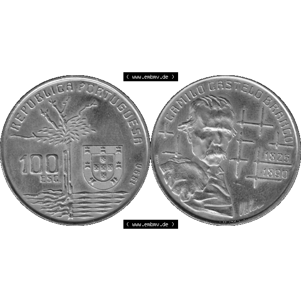 Grau bzw. s/w Alte Gedenkmünze aus Portugal als PNG-Grafik 1990, 100 Escudos, Camilo Castelo Braiico. Vorderseite und Rückseite auf einen Bild/Foto der portugiesischen Gedenkmünze... Sammlung Graustufen