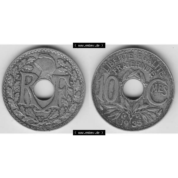 Grau bzw. s/w Münze Frankreich Umlaufmünzen Sammlung in PNG 1917-1938, 10 Centimes - Cmes 1935-4 (3) - Digitales Münzen-Bildmaterial einer französischen Francs Münze aus Frankreich... Sammlung Graustufen