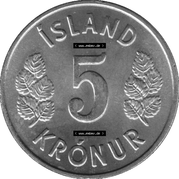 Grau bzw. s/w Alte Münze Island Umlaufmünze 1969-1980, 5 Kronur, Fünf Kronen 1973-01. Rückseite der alten Münze, Umlaufmünze aus Island, Münze zum katalogisieren... Sammlung Graustufen