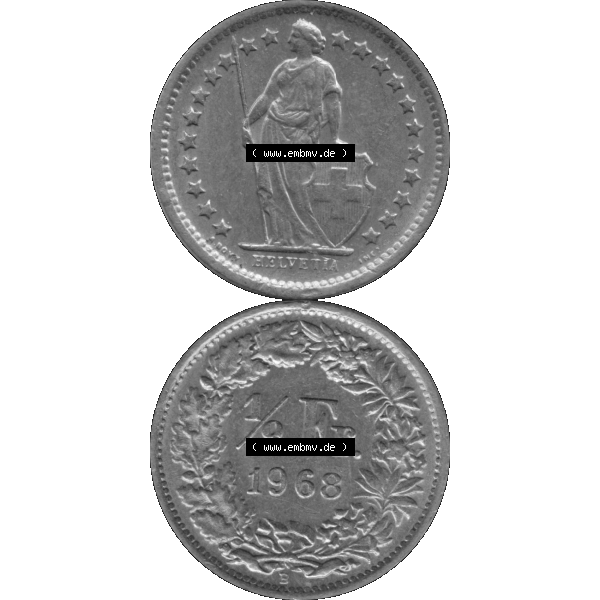 Grau bzw. s/w Alte Münze Schweiz in original Farbgebung vom Scanner transparenten PNG 1968-1982, 1/2 (halber) Franken B 1968-03. Vorderseite und Rückseite der Münze Umlaufmünze... Sammlung Graustufen