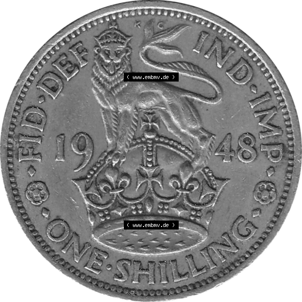 Grau bzw. s/w Münzen Großbritannien Umlaufmünzen Sammlung in PNG 1947-1948, 1 One Schilling - One Shilling, 1948-07 Stehender gekrönter Löwe auf Krone (6) - Digitales... Sammlung Graustufen