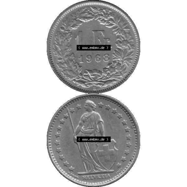 Grau bzw. s/w Alte Münze Schweiz in original Farbgebung vom Scanner transparenten PNG 1968-1982, 1 Franken B 1968-03 (16). Digitales Münzen-Bildmaterial der 1/Ein Franken Münze... Sammlung Graustufen
