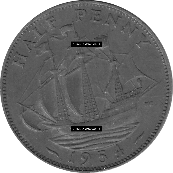 Grau bzw. s/w Münzen Großbritannien Umlaufmünzen Sammlung in PNG 1954-1970, Half Penny, Halber Pence 1954-01, Elisabeth II. (6) - Digitales Münzen-Bildmaterial... Sammlung Graustufen