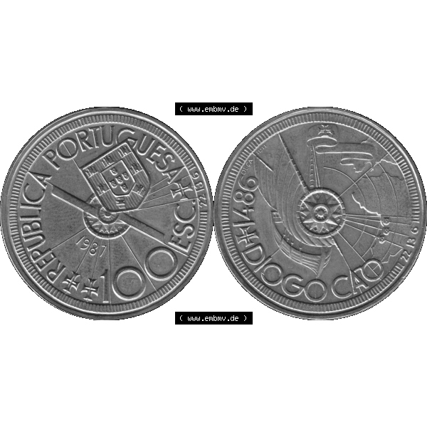 Grau bzw. s/w Alte Gedenkmünze aus Portugal als PNG-Grafik 1987, 100 Escudos, Diogo Cao 1486. Vorderseite und Rückseite auf einen Bild/Foto der portugiesischen Gedenkmünze aus Portugal... Sammlung Graustufen