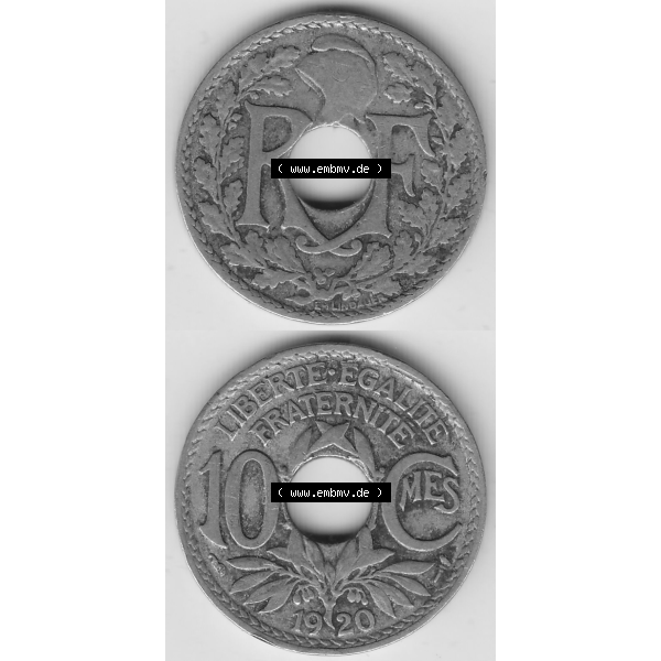 Grau bzw. s/w Münze Frankreich Umlaufmünzen Sammlung in PNG 1917-1938, 10 Centimes - Cmes 1920 (4) - Digitales Münzen-Bildmaterial einer französischen Francs Münze aus Frankreich... Sammlung Graustufen
