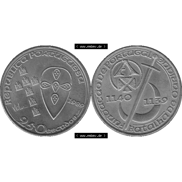 Grau bzw. s/w Alte Gedenkmünze aus Portugal als PNG-Grafik 1989, 250 Escudos, Batalha de Ourique, Schlacht von Ourique. Vorderseite und Rückseite auf einen Bild/Foto der portugiesischen... Sammlung Graustufen