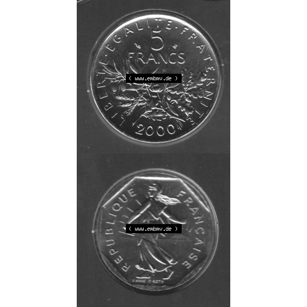 Grau bzw. s/w Münze Frankreich aus KMS Umlaufmünzen Sammlung in PNG 2000, 5 Francs (4) - Digitales Münzen-Bildmaterial einer französischen Francs Münze aus Frankreich aus KMS... Sammlung Graustufen