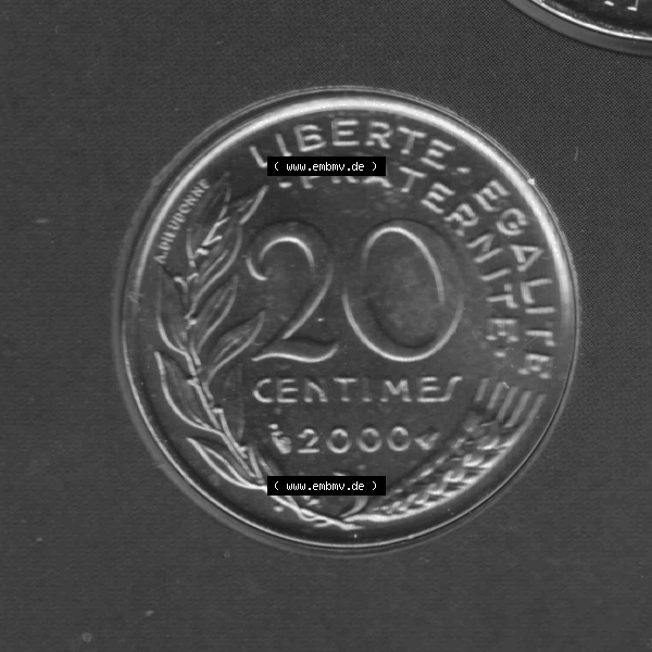 Grau bzw. s/w Münze Frankreich Umlaufmünzen Sammlung in PNG 2000, 20 Centimes (1) - Digitales Münzen-Bildmaterial einer französischen Francs Münze aus Frankreich in farbige mit... Sammlung Graustufen