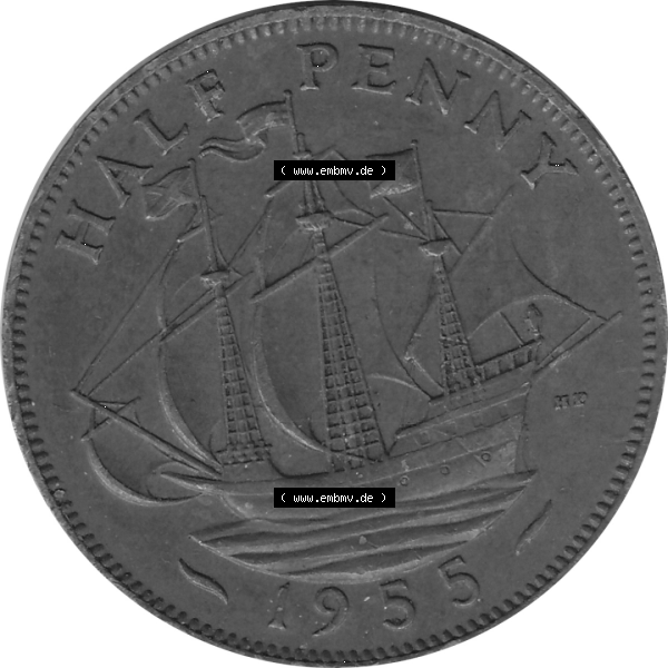 Grau bzw. s/w Münzen Großbritannien Umlaufmünzen Sammlung in PNG 1954-1970, Half Penny, Halber Pence 1955-01, Elisabeth II. (6) - Digitales Münzen-Bildmaterial... Sammlung Graustufen