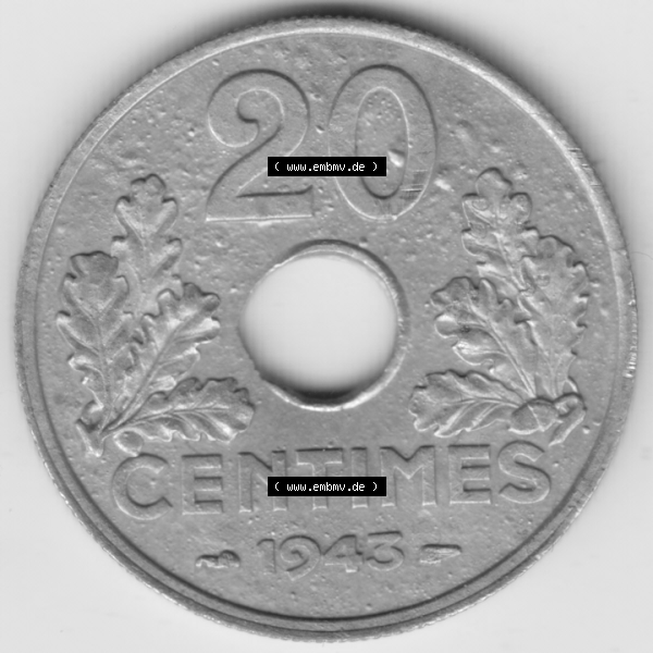 Grau bzw. s/w Münze Frankreich Umlaufmünzen Sammlung in PNG 1941-1944, 20 Centimes, Cent 1943 (1) - Digitales Münzen-Bildmaterial einer französischen Francs Münze aus Frankreich... Sammlung Graustufen