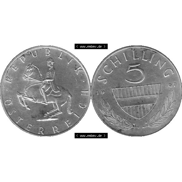 Grau bzw. s/w Alte Münze 5 / Fünf Schilling Österreich in original Farbgebung von Scanner transparenten PNG 1960-1968, 5 Fünf Schilling 1967-01, 5,20 Gramm 640er Silber,... Sammlung Graustufen