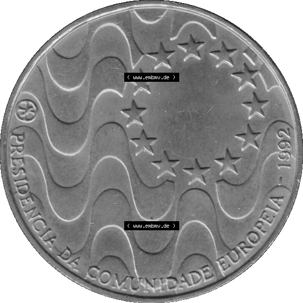 Grau bzw. s/w Alte Gedenkmünze aus Portugal als PNG-Grafik 1992, 200 Escudos, Presidencia da Comunidade Europeia. Rückseite der portugiesischen 200 Escudos Gedenkmünze aus Portugal... Sammlung Graustufen
