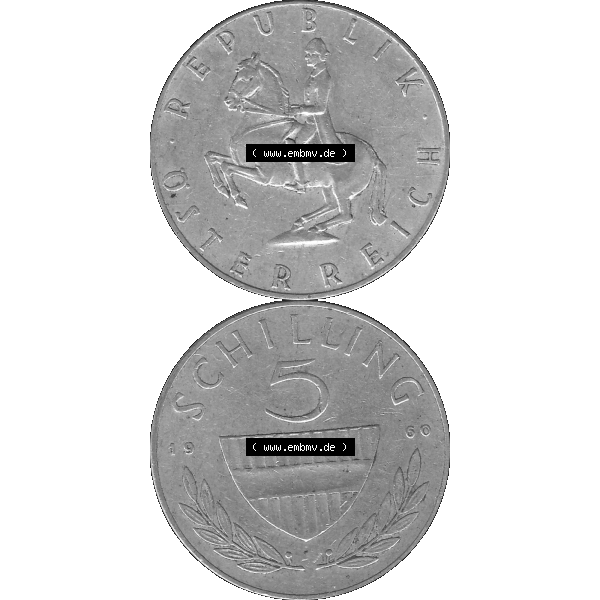 Grau bzw. s/w Alte Münze 5 / Fünf Schilling Österreich in original Farbgebung von Scanner transparenten PNG 1960-1968, 5 Fünf Schilling 1960-01, 5,20 Gramm 640er Silber,... Sammlung Graustufen