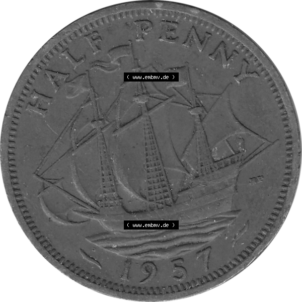 Grau bzw. s/w Münzen Großbritannien Umlaufmünzen Sammlung in PNG 1954-1970, Half Penny, Halber Pence 1957-02, Elisabeth II. (6) - Digitales Münzen-Bildmaterial... Sammlung Graustufen