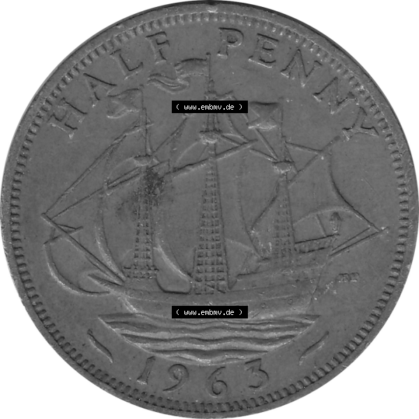 Grau bzw. s/w Münzen Großbritannien Umlaufmünzen Sammlung in PNG 1954-1970, Half Penny, Halber Pence 1963-02, Elisabeth II. (6) - Digitales Münzen-Bildmaterial... Sammlung Graustufen