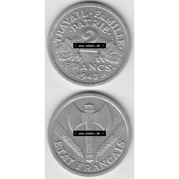 Grau bzw. s/w Münze Frankreich Umlaufmünzen Sammlung in PNG 1943-1944, 2 Francs, Franken 1943 (4) - Digitales Münzen-Bildmaterial einer französischen Francs Münze aus Frankreich... Sammlung Graustufen