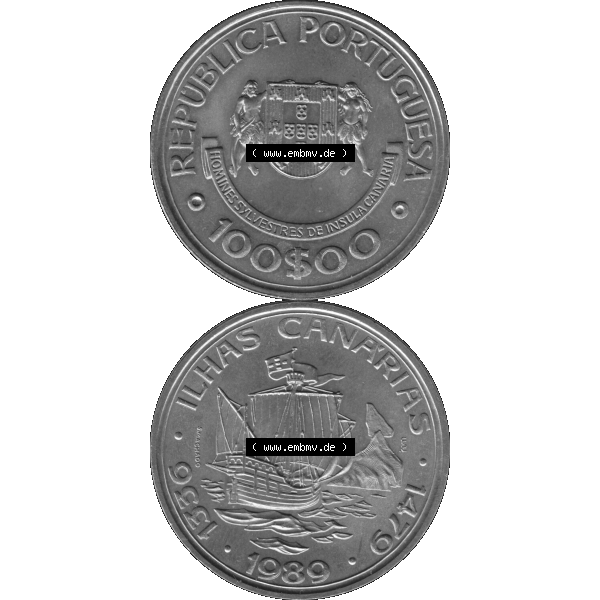 Grau bzw. s/w Alte Gedenkmünze aus Portugal als PNG-Grafik 1989, 100 Escudos, Ilhas Canarias. Vorderseite und Rückseite vertikal - untereinander auf einen Bild/Foto zusammengefügt... Sammlung Graustufen