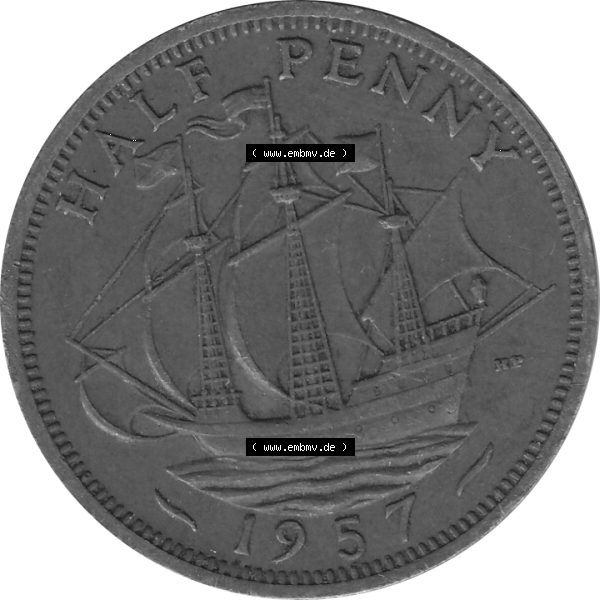 Grau bzw. s/w Münzen Großbritannien Umlaufmünzen Sammlung in PNG 1954-1970, Half Penny, Halber Pence 1957-01, Elisabeth II. (6) - Digitales Münzen-Bildmaterial... Sammlung Graustufen