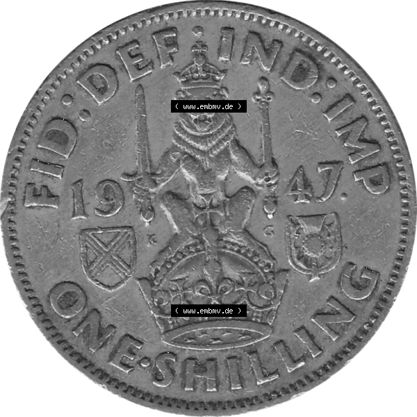 Grau bzw. s/w Münzen Großbritannien Umlaufmünzen Sammlung in PNG 1947-1948, 1 One Schilling - One Shilling, 1947-02 Sitzender gekrönter Löwe auf Krone (6) - Digitales... Sammlung Graustufen
