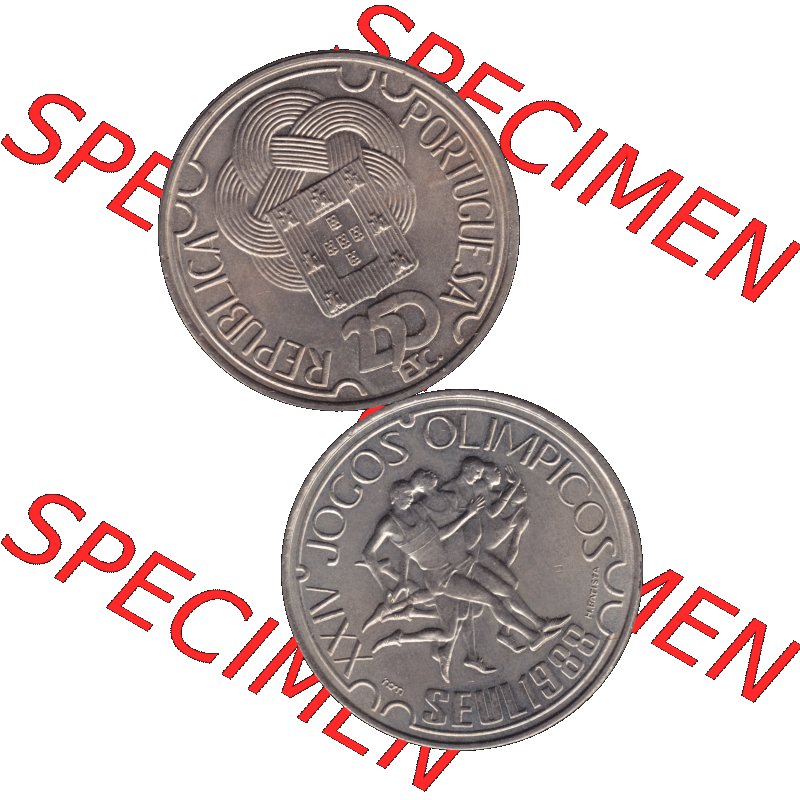 Alte Gedenkmünze aus Portugal als PNG-Grafik 1988, 250 Escudos, XXIV Jogos Olimpicos Seul 1988, Olympiade. Vorderseite und Rückseite vertikal - untereinander auf einen... Sammlung