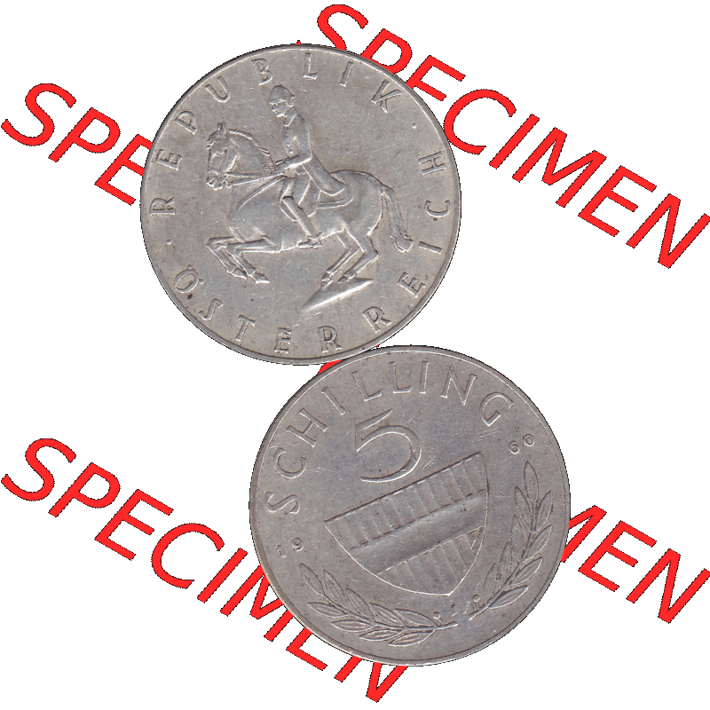 Alte Münze 5 / Fünf Schilling Österreich in original Farbgebung von Scanner transparenten PNG 1960-1968, 5 Fünf Schilling 1960-01, 5,20 Gramm 640er Silber,... Sammlung