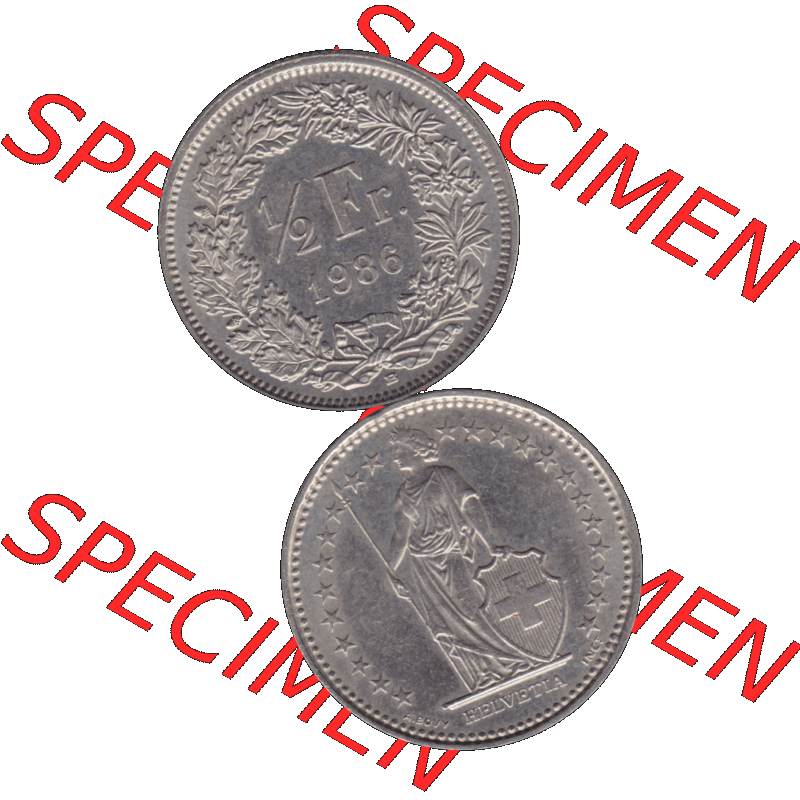 Alte Münze Schweiz in original Farbgebung vom Scanner transparenten PNG 1983-Heute, 1/2 (halber) Franken B 1986-01. Erst die Rückseite Oben und dann die Vorderseite... Sammlung