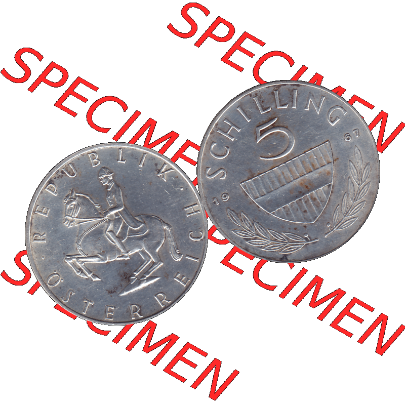 Alte Münze 5 / Fünf Schilling Österreich in original Farbgebung von Scanner transparenten PNG 1960-1968, 5 Fünf Schilling 1967-01, 5,20 Gramm 640er Silber,... Sammlung
