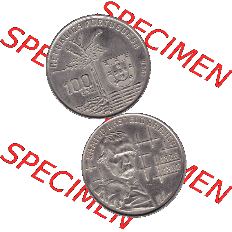 Alte Gedenkmünze aus Portugal als PNG-Grafik 1990, 100 Escudos, Camilo Castelo Braiico. Vorderseite und Rückseite vertikal - untereinander auf einen Bild/Foto zusammengefügt... Sammlung