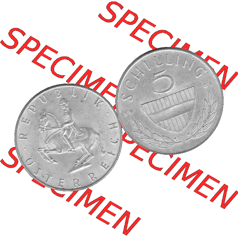Alte Münze 5 / Fünf Schilling Österreich in s/w Schwarzweiß bzw. Graustufen Farbgebung von Scanner transparenten PNG 1960-1968, 5 Fünf Schilling 1961-01,... Sammlung