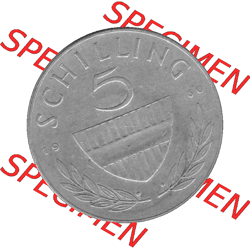 Alte Münze 5 / Fünf Schilling Österreich in s/w Schwarzweiß bzw. Graustufen Farbgebung von Scanner transparenten PNG 1960-1968, 5 Fünf Schilling 1960-02,... Sammlung