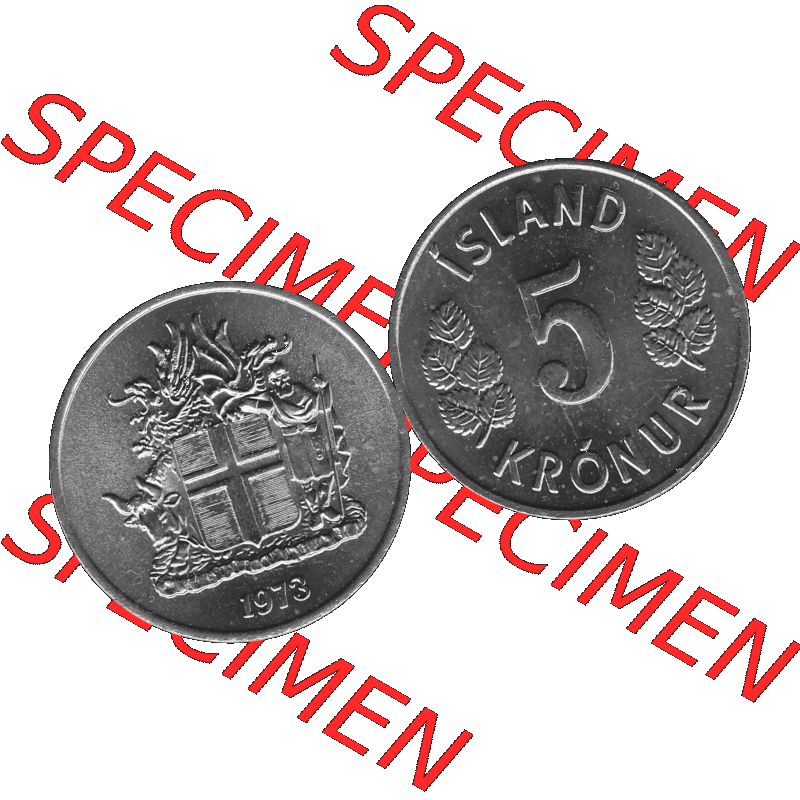 Alte Münze Island Umlaufmünze 1969-1980, 5 Kronur 1973-01, 5 Isländische Kronen Graustufen. Vorderseite und Rückseite der Münze / Kursmünze aus Island,... Sammlung