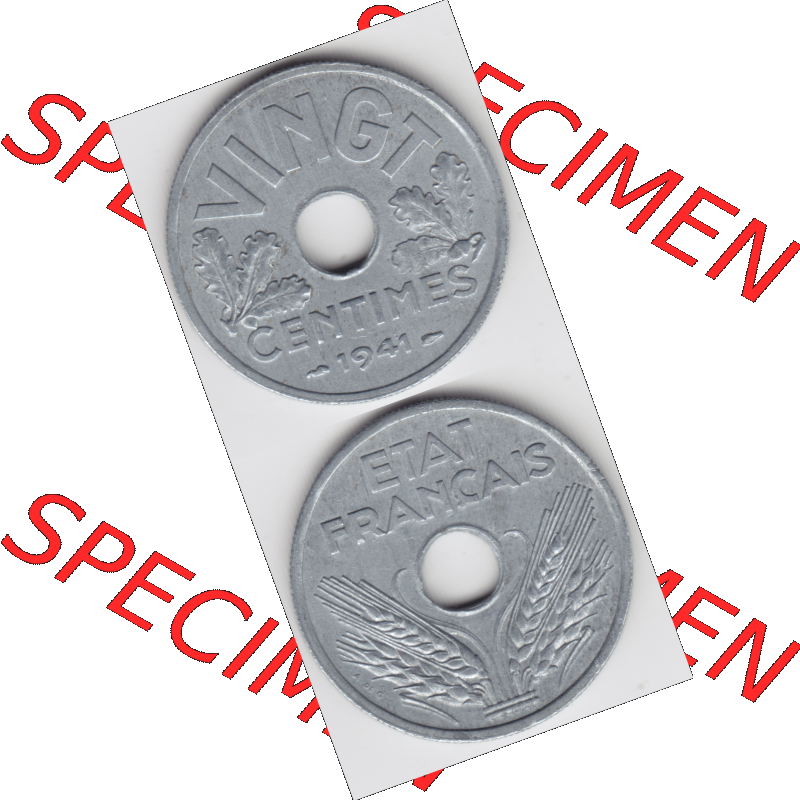 Münze Frankreich Umlaufmünzen Sammlung in PNG 1941-1941, VINGT 20 Centimes, Cent (4) - Digitales Münzen-Bildmaterial einer französischen Francs Münze aus... Sammlung