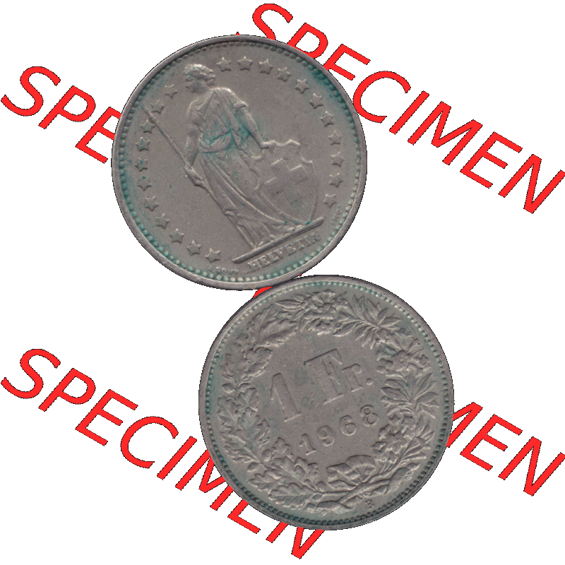 Alte Münze Schweiz in original Farbgebung vom Scanner transparenten PNG 1968-1982, 1 Franken B 1968-04. Vorderseite und Rückseite der Münze Umlaufmünze / Kursmünze... Sammlung
