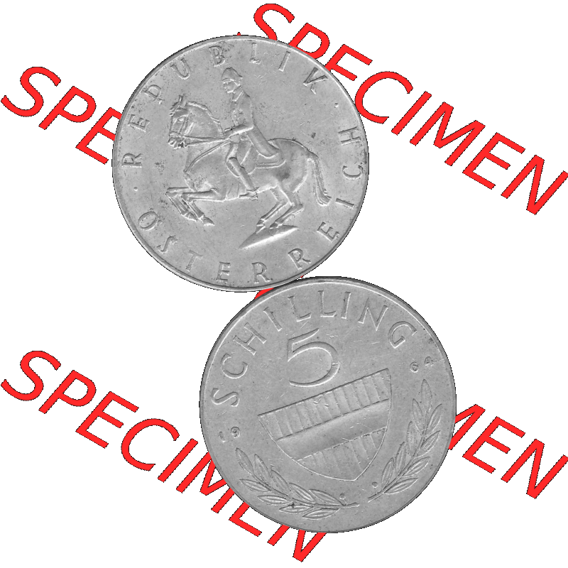 Alte Münze 5 / Fünf Schilling Österreich in s/w Schwarzweiß bzw. Graustufen Farbgebung von Scanner transparenten PNG 1960-1968, 5 Fünf Schilling 1964-01,... Sammlung