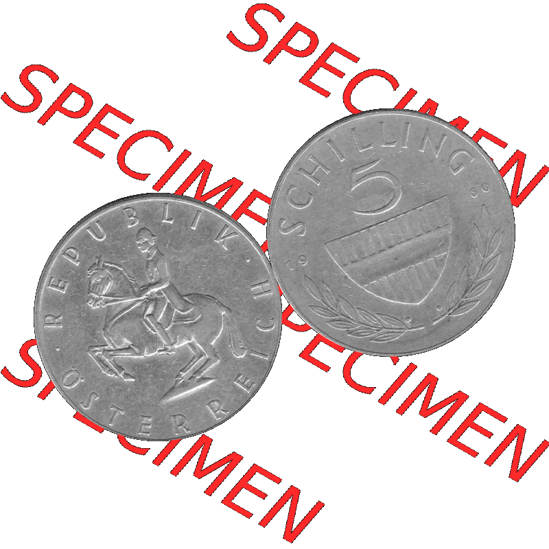 Alte Münze 5 / Fünf Schilling Österreich in s/w Schwarzweiß bzw. Graustufen Farbgebung von Scanner transparenten PNG 1960-1968, 5 Fünf Schilling 1960-02,... Sammlung