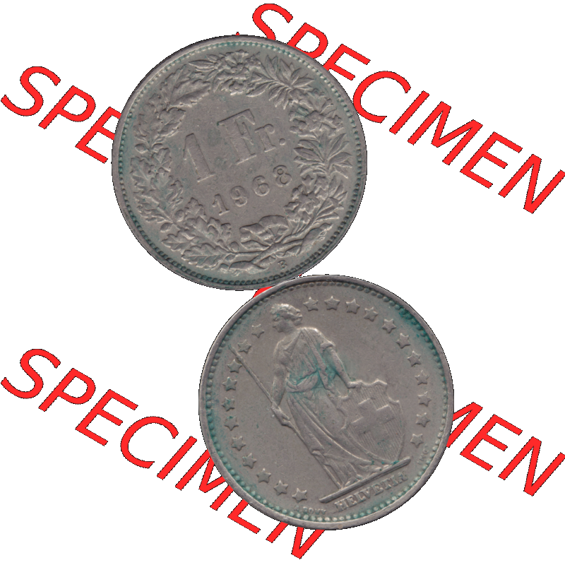 Alte Münze Schweiz in original Farbgebung vom Scanner transparenten PNG 1968-1982, 1 Franken B 1968-04 (16). Digitales Münzen-Bildmaterial der 1/Ein Franken Münze... Sammlung
