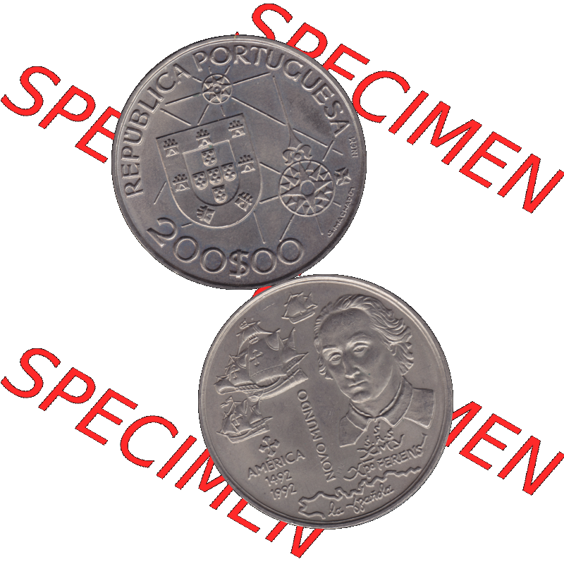 Alte Gedenkmünze aus Portugal als PNG-Grafik 1992, 200 Escudos, America 1492, Novomundo, Xpo Perens. Vorderseite und Rückseite vertikal - untereinander auf einen... Sammlung